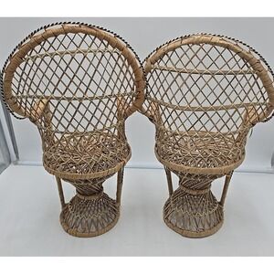 Vintage 2 Peacock Wicker Fan Back Rattan Doll Chair‎ Plant 16" Stand